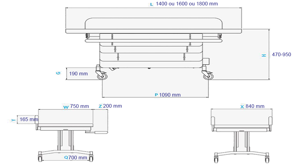 Table médicale de change pour soins médicaux aux personnes souffrant d'un handicap Dimensions